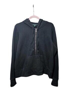 Lauren Ralph Lauren Women's Size L Black Quarter Zip Hooded Pullover 100% Cotton